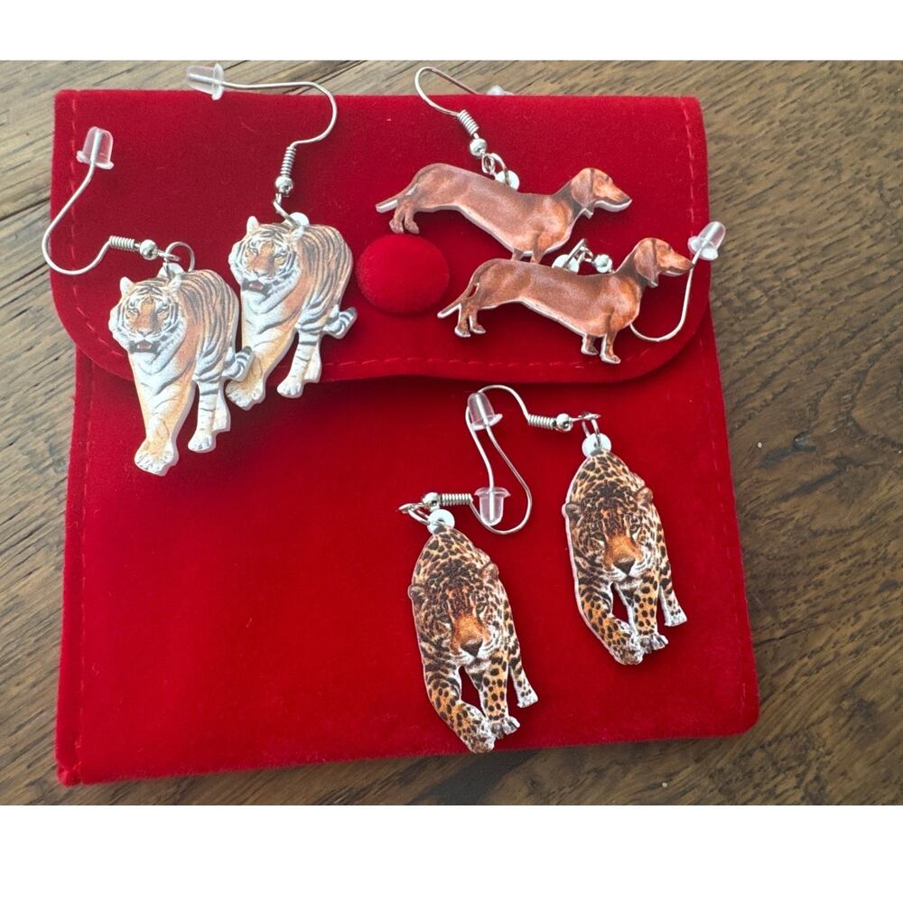 Acrylic Novelty Whimsical Animal Earrings Dachsund Tiger Cheetah Set of 3
